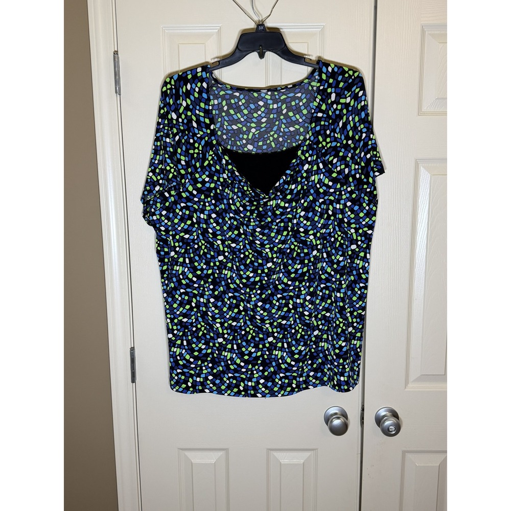 Unknown Blouse Womens 4X Blue Green Excellent Mosaic Cowl Neck‎ Short Sleeve